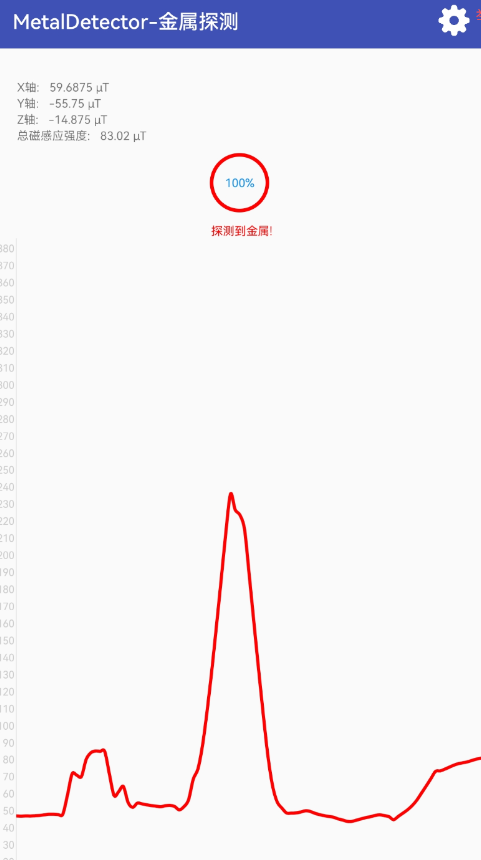 金属探测仪1.3传感器三轴的磁感应强度大小，同时可以看到进度条提示-白芸资源网