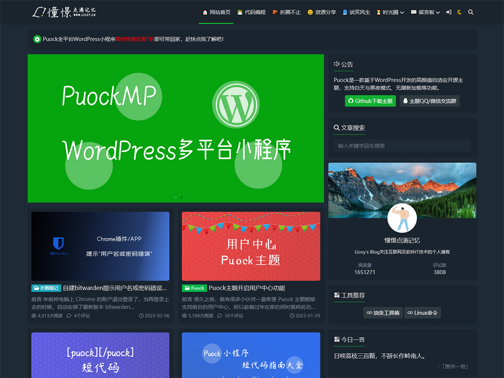 高颜值黑白两种模式的WordPress免费CMS主题Puock-白芸资源网